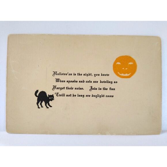 Halloween Postcard JOL Pumpkin Black Cat Poem Center Raised Border TRG Unused - Picture 2 of 3